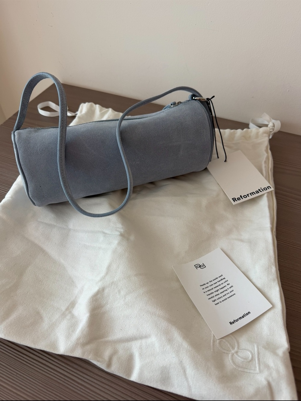 Reformation Pale Blue Suede Barrel Shoulder Bag - Picture 2 of 2
